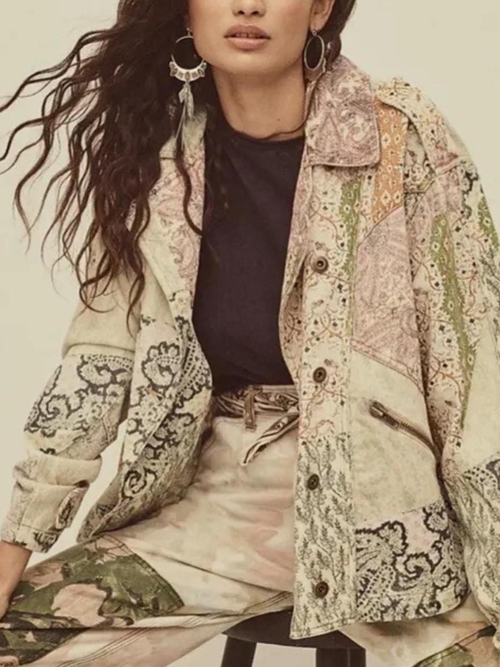 Free People Nadia Moto Jacket Oversized XS Patchwork Paisley Floral Cotton Boho